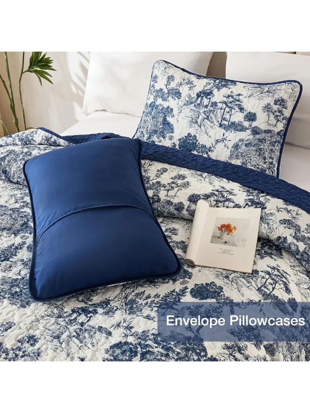 Botanical Floral Quilt Set King Size - Navy Blue Bedspread for Cozy Bedroom